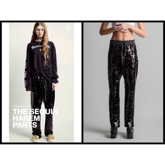 💕R13💕 Harem Sequin Pant ~ Drop Crotch Sweatpants Black XS NWOT - Picture 1 of 16